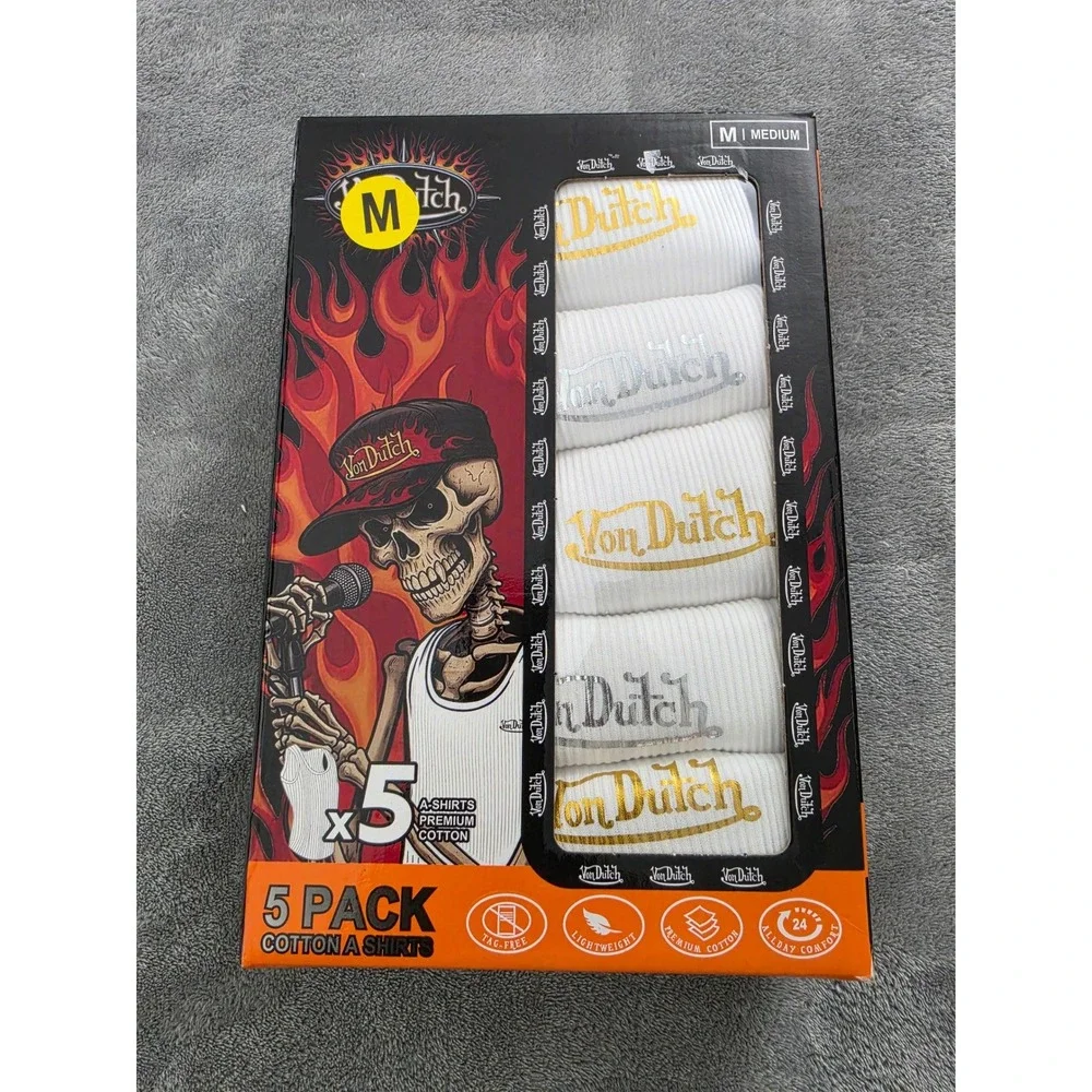 Von Dutch Mens 5 Pack A-Shirts White Ribbed Tank Tops Gold Silver Foil Logo M